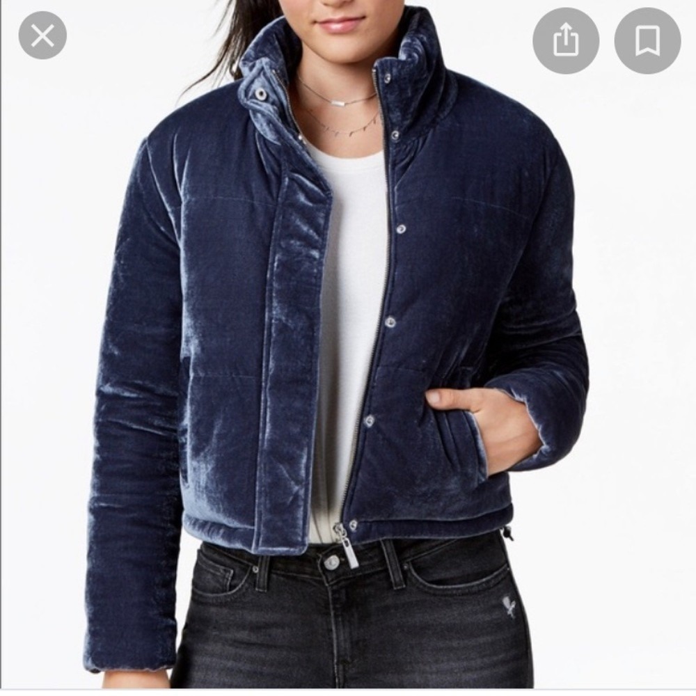 Jou Jou Navy Blue Cropped Velvet Puffer Jacket Women Sz XL Winter Quilted Zip Up